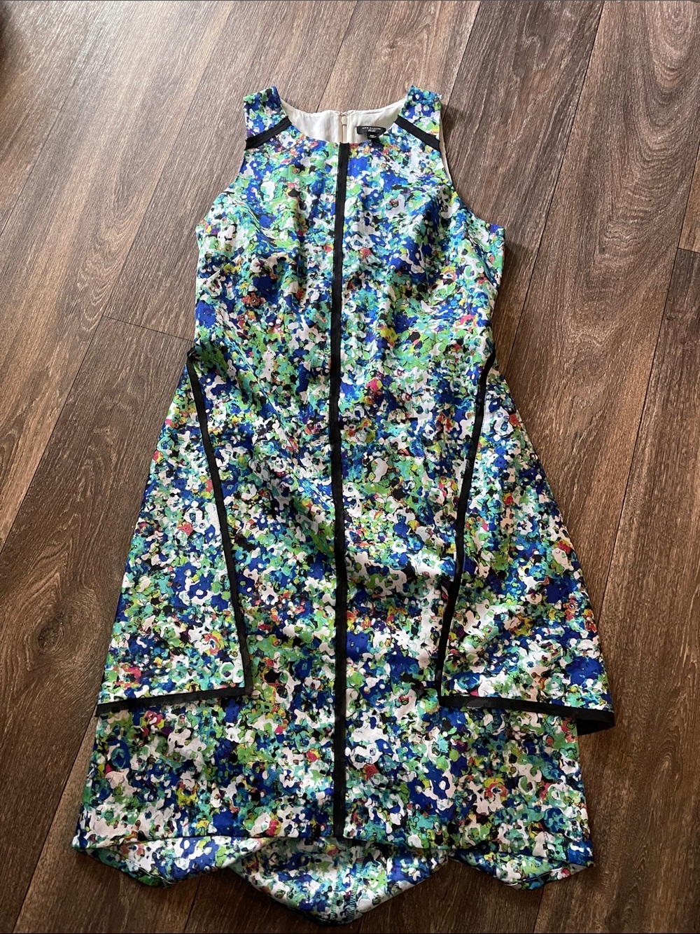 Ann Taylor Abstract Watercolor Blue Green Asymmetric High-Low Dress 8 Petite